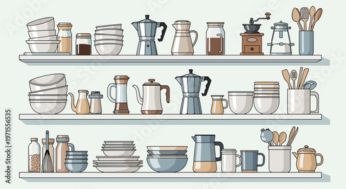 Organized kitchen shelves displaying a variety of bowls, plates, coffee pots, jars, and kitchen utensils.