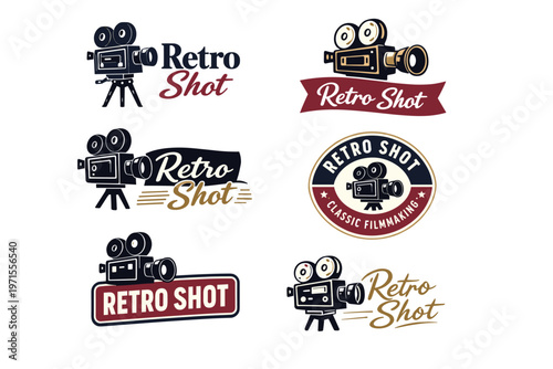 Retro shot vintage camera logos with classic filmmaking elements and text styles
