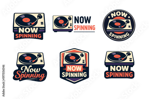 Vintage record player illustrations with now spinning text designs