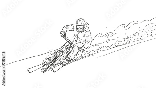 A cyclist wearing a helmet and protective gear speeds down a snowy slope on a mountain bike with motion blur.