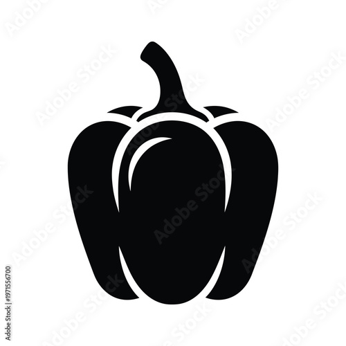 A sleek black silhouette of a bell pepper with a stem and leaves on top