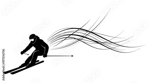 Silhouette of a skier in motion with dynamic lines on a white background conveying speed and movement in a minimalist style.