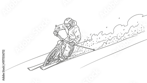 A person snowboarding down a slope with snow spraying behind them in a black and white line drawing.