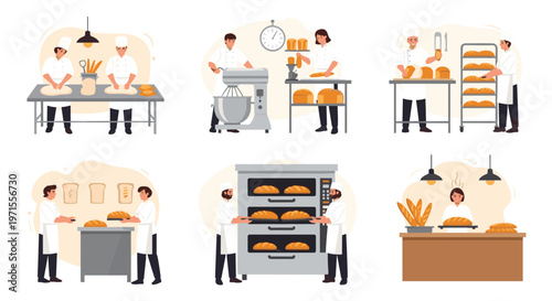 Set of professional bakers in a bakery preparing dough, using mixers, baking in ovens, and serving fresh bread.
