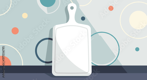 Minimalist white cutting board standing against a background of colorful abstract circles and geometric patterns.