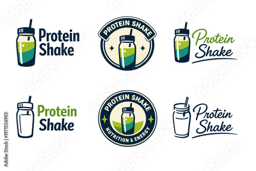 Protein shake logo designs with bottle illustrations and text variations