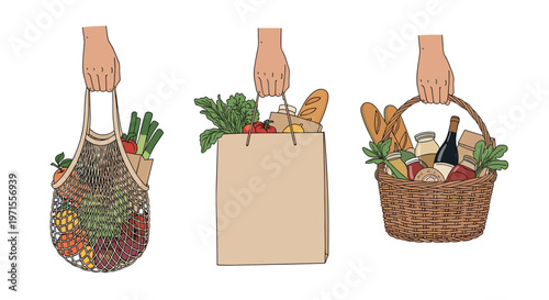 Three hands holding various reusable grocery bags filled with fresh produce, bread, wine, and healthy food items.