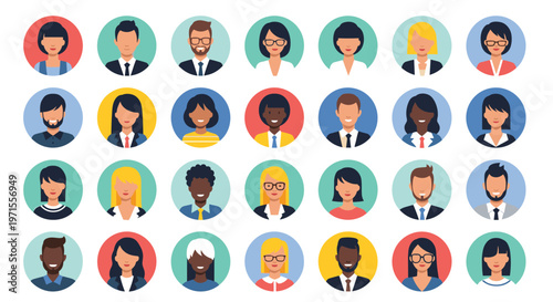 Collection of twenty-eight diverse human faces in circular icons representing different ages, genders, and ethnicities.
