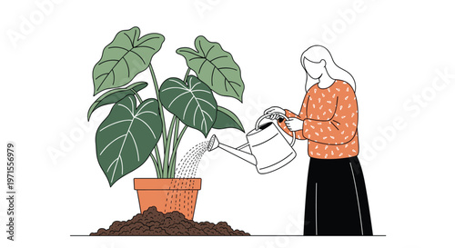 Young woman caring for a large green leaf houseplant by watering it from a watering can in a simple illustration.