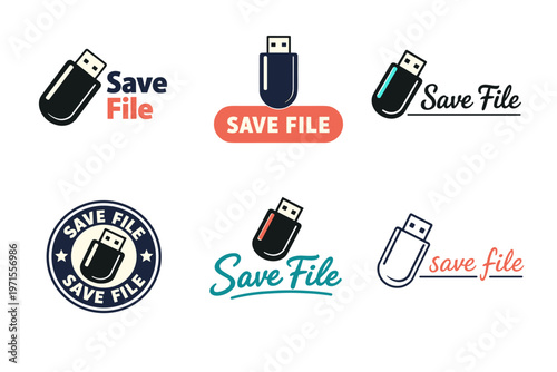 Save file logo designs featuring usb flash drives in various styles