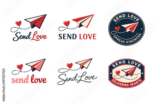 Paper airplane logos with heart motifs and "send love" slogan in various styles