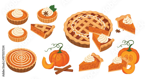 Diverse collection of traditional pumpkin pies and tarts featuring lattice crusts and whipped cream toppings alongside cinnamon sticks and spices.