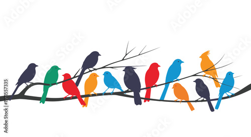 Group of colorful bird silhouettes in various shades of red blue green and orange perched together on a stylized tree branch with small twigs.