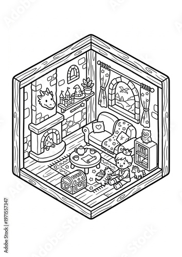 Cute isometric room interior coloring page illustration in black and white line art. Features various home spaces such as bedroom, playroom, and living areas with detailed objects. Perfect for kids co