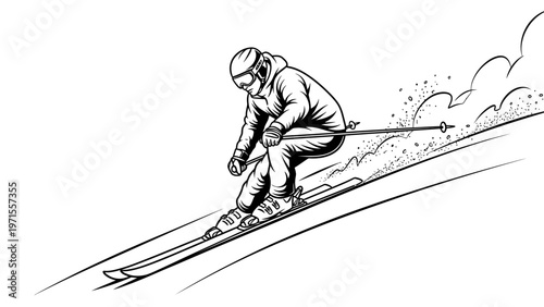 A skier in a crouched position speeds down a snowy slope, kicking up snow behind them in a dynamic, black-and-white illustration with a sense of motion.
