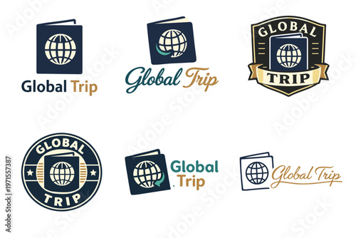 Global trip logos with passport and globe elements in various styles