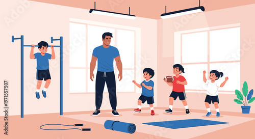 Active gym class for children where a fitness instructor supervises young kids performing pull ups playing with a football and exercising.