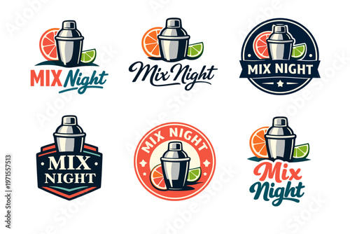 Cocktail shaker logos with citrus elements and "mix night" text in various styles