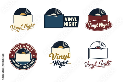 Retro vinyl night logos with records and classic vibes