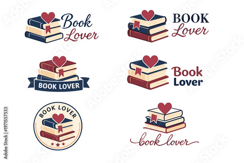 Book lover logos with heart and stack of books design elements