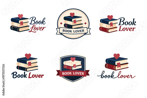 Book lover logos with heart accents and stacked books in various designs