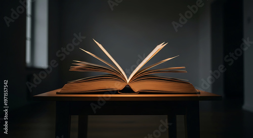Open book illuminated on a wooden table in a dark room
