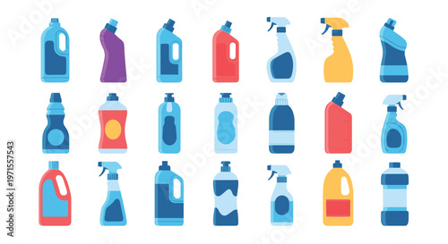 Large set of colorful plastic bottles for various household cleaning products including laundry detergents spray cleaners and liquid soaps.