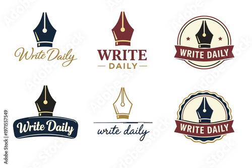 Vintage-inspired "write daily" logos featuring elegant pen nib designs