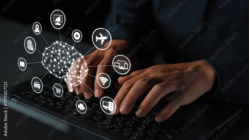 Naklejka premium A visual of artificial intelligence network connecting AI, network, and system across a structured digital platform for seamless AI communication Marrow