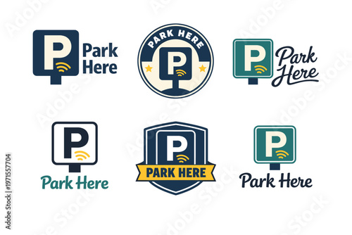 Park here logos collection featuring sign designs with bold typography and graphics