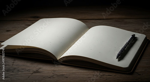Open blank notebook with a pen on a rustic wooden table
