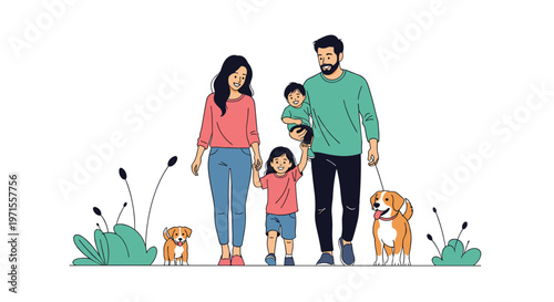 Happy family consisting of a father mother and two young children walking their two pet dogs through a green field with stylized plants.