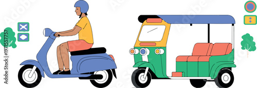 Asian street scene with scooter and tuk tuk, city street background, modern transportation vector.