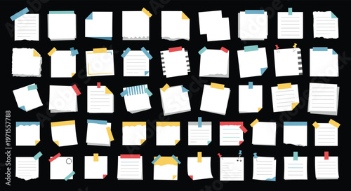 Massive collection of blank white sticky notes in various shapes and sizes attached with colorful pieces of tape and pins on a black wall.