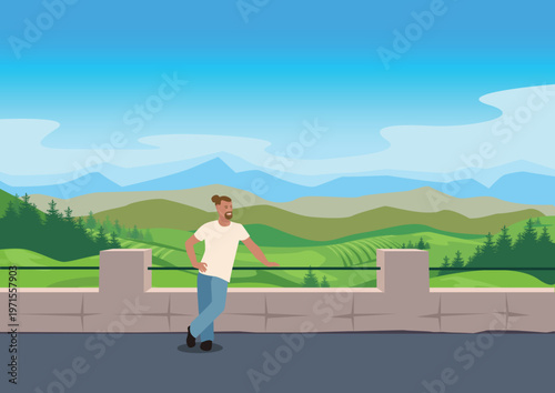 A young, happy man stands on a mountaintop observation deck, looking out over a green valley. Hand-drawn vector illustration depicting summer vacations and travel.