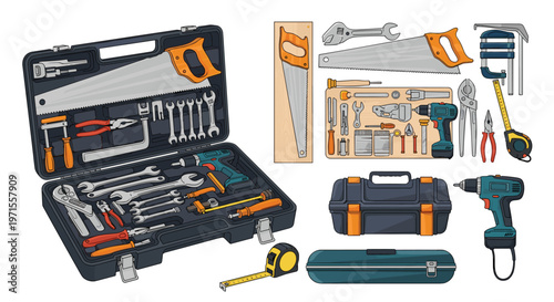 Assorted collection of manual hand tools power drills and a professional toolbox set organized for home improvement and construction work.