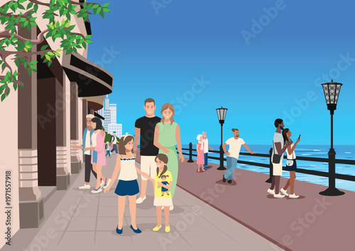 Families with children and couples stroll along the embankment of a resort town with old houses, shops, sidewalks, and railings, drawn in perspective. This hand-drawn vector illustration depicts summe
