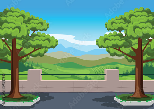 A view of a green valley from a mountaintop observation deck with railings and trees. Hand-drawn vector illustration depicting summer vacations and travel.