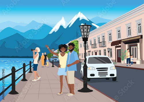 People stroll along the embankment of a resort town with old houses, shops, sidewalks, and railings, drawn in perspective. This hand-drawn vector illustration depicts summer vacations and travel.