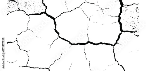 A cracked and damaged surface with deep black lines on a white background silhouette