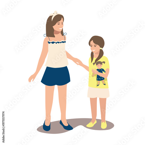 Two happy little sisters holding hands, laughing, walking, and talking. Hand-drawn vector illustration of happy children on a white background.