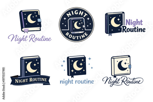 Night routine icons with book and moon designs on white background
