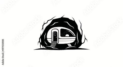Vintage camper trailer inside cave illustration in black and white  