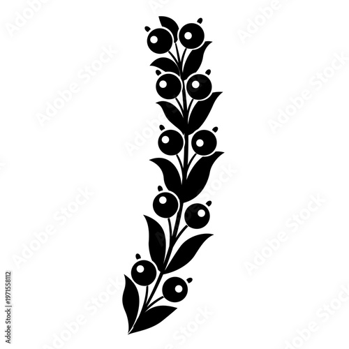 Stylized branch with leaves and fruits or berries. Folk style. Ottoman Turkish floral motif. Black and white silhouette.