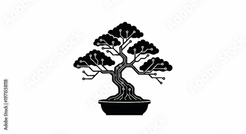 Bonsai tree silhouette in black and white on a simple background  