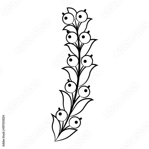 Stylized branch with leaves and fruits or berries. Folk style. Ottoman Turkish floral motif. Black and white linear silhouette.