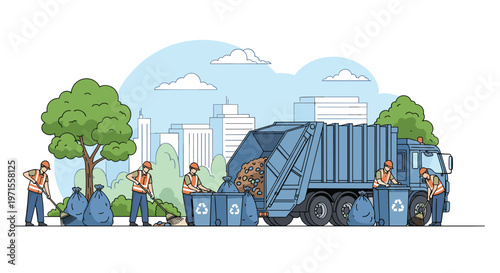 Team of city sanitation workers in reflective vests loading trash bags and emptying bins into a large blue garbage truck in an urban area.