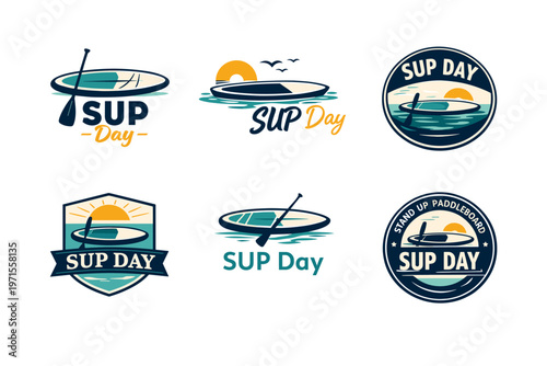 Sup day logos with paddleboards and sun designs