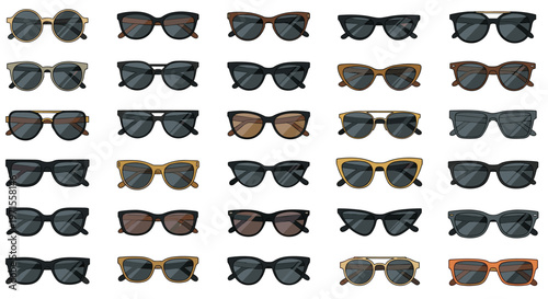 Large grid showing many different styles shapes and colors of fashionable sunglasses and eyewear for protection against the bright sun.