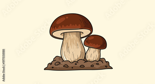 Pair of large brown mushrooms with thick stems growing out of a small mound of earth against a simple light yellow background illustration.